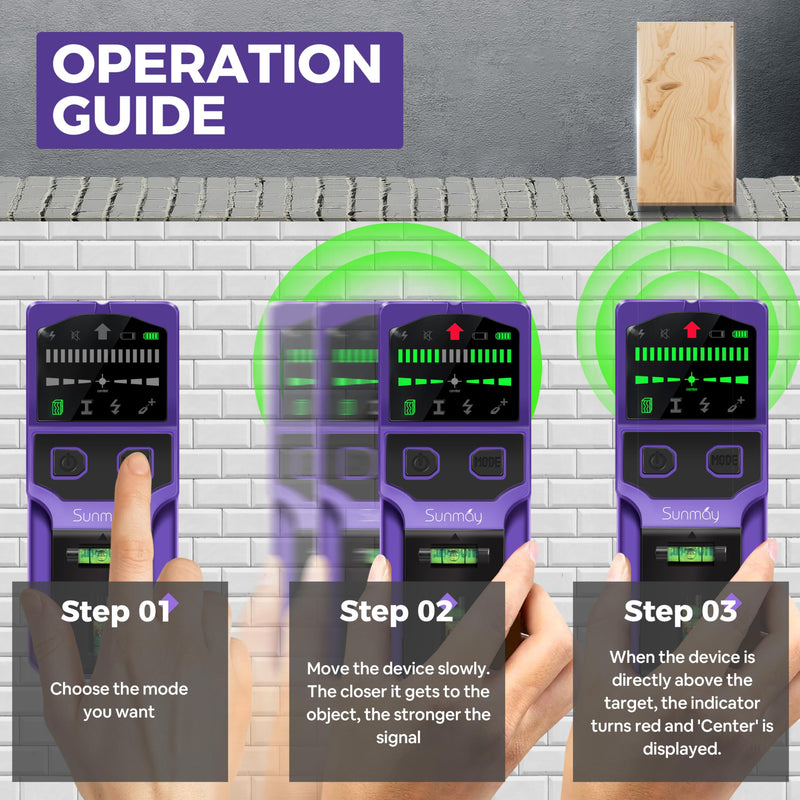 SUNMAY Stud Finder for Walls, 7-in-1 Wall Scanner with Upgraded Intelligent Chip for Wood Metal Studs, Live AC Wires, Joists and Pipes, HD LCD Display, Voice Alerts and Accurate Positioning
