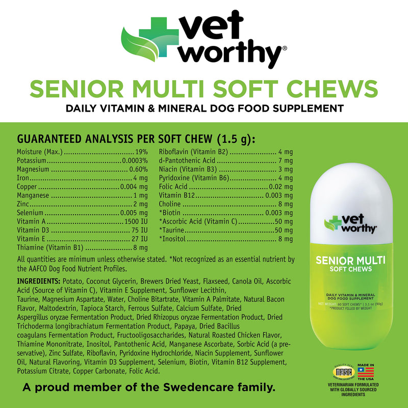 Vet Worthy Senior Multi Soft Chews - Daily Multivitamin for Dogs - Supports Longevity, Mobility & Vitality - Senior Dog Multivitamins Chewable for Skin and Coat Health - Multi Vitamins for Dogs -60 Ct