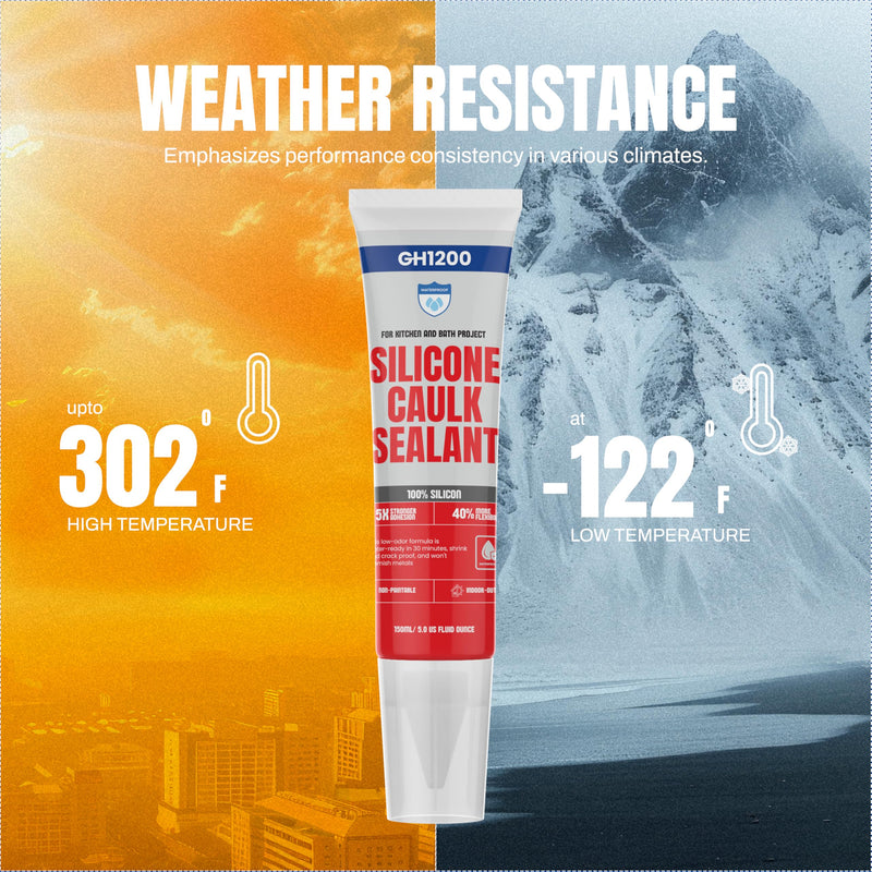 GH1200 150 ML/5 FL Oz Silicone Caulk Clear Silicone Sealant Waterproof, Kitchen & Bathroom Caulk - Shrink & Crack Proof - Indoor & Outdoor Use Silicone Glue - Strong Caulking Formula Tube 150 ML Clear Silicone Sealant