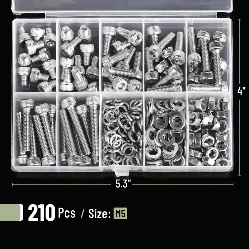 Mr. Pen- Nuts and Bolts Assortment Kit, 210 pcs, Stainless Steel, M5 Screws (7 Sizes 6-30mm) Hex Socket Head Cap Assorted Nuts and Bolts, Nut Bolt and Washer Assortment, Bolt and Nut Assortment