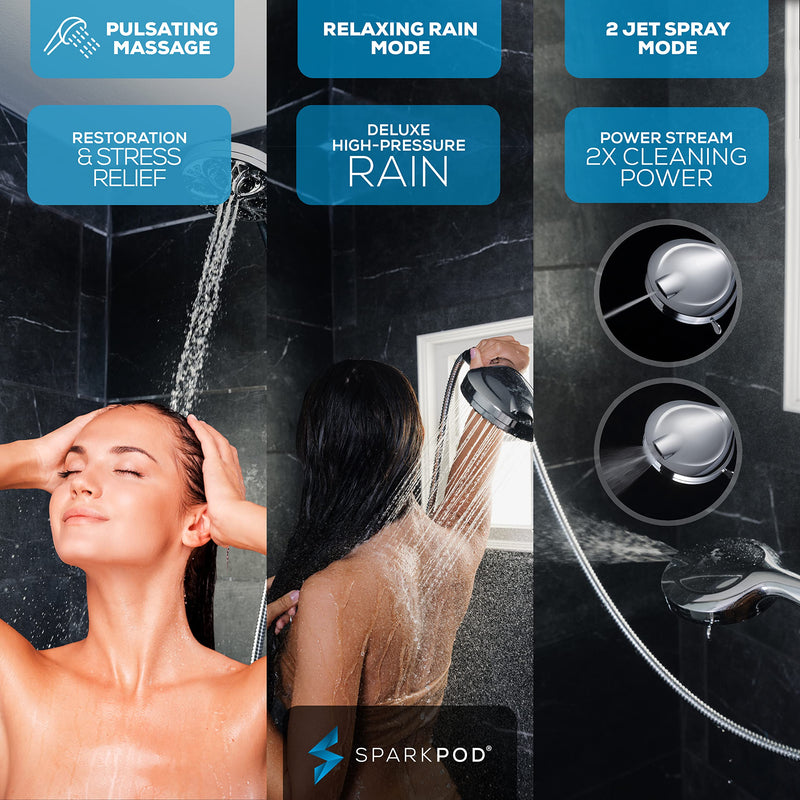 SparkPod 10-Mode Handheld Shower Head with Filter - 5" High Pressure Filtered Shower Head with Touch-to-Clean Nozzles, Built-In Power Jet, Stainless Steel 6ft Hose & Bracket (Polished Chrome) 1. Luxury Polished Chrome