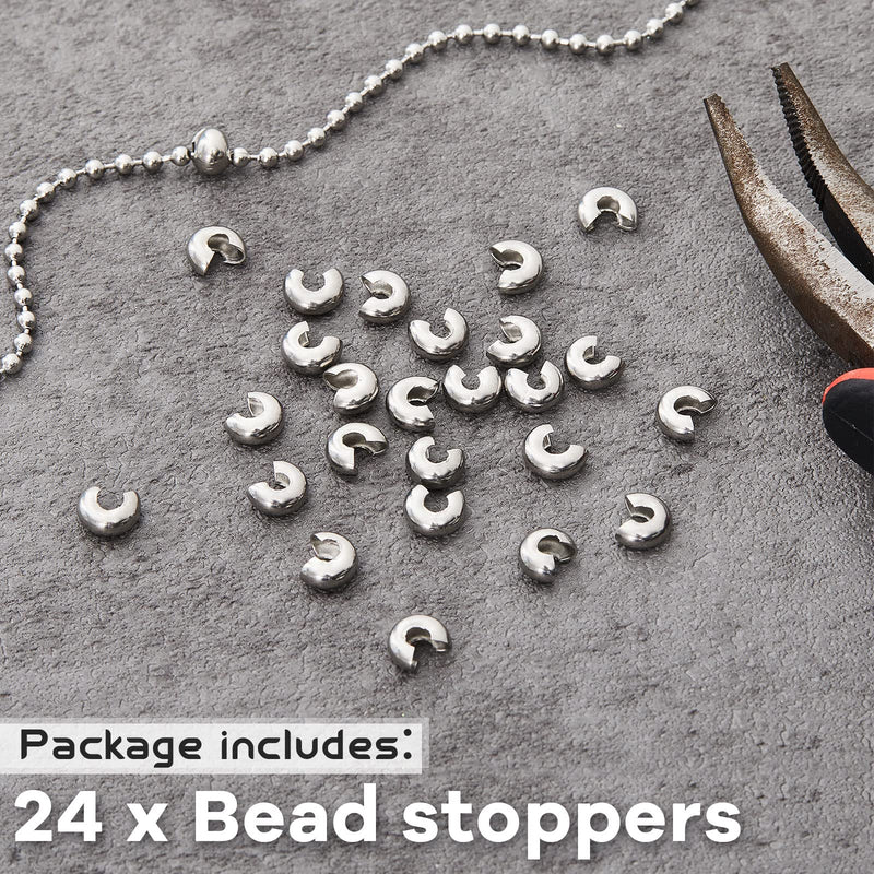 Henoyso 24 Pcs Bead Chain Stop 7 mm Large Beaded Chain Stopper Metal Blind Control Ball Physical Crimp Stopper for Sizes 6 or 8, Silver