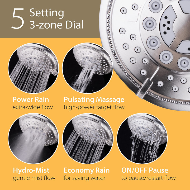 1733 Handheld Showerhead & Rain Shower Combo. High Pressure 24 Function 4" Face Dual 2 in 1 Shower Head System with Stainless Steel Hose, Patented 3-way Water Diverter in Nickel Finish 2.5 Gallon Per Minute Brushed Nickel