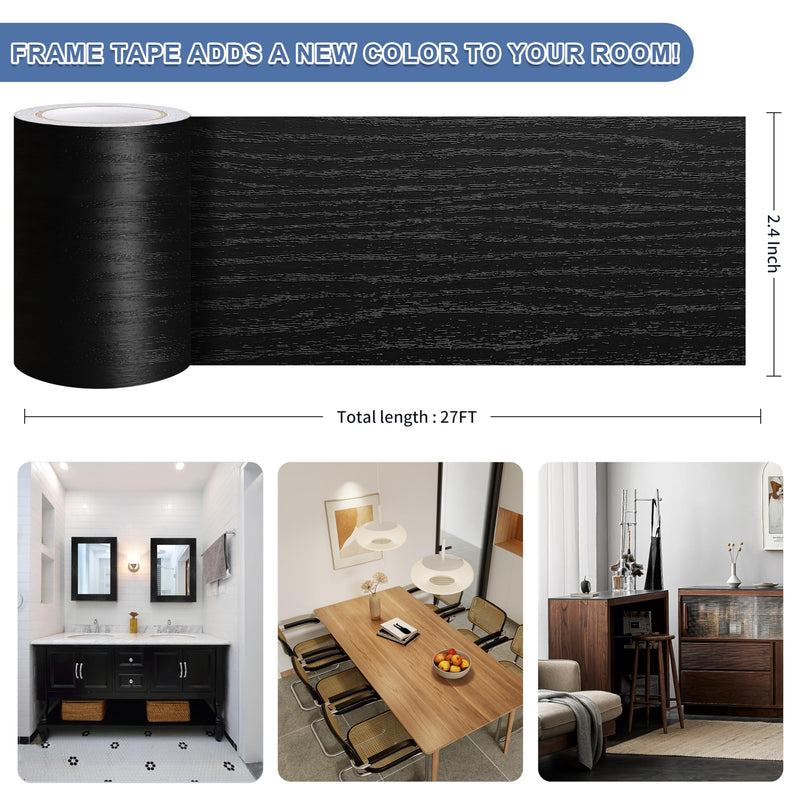 27 FT Wood Grain Wallpaper Border, Removable Waterproof Mirror Border Peel and Stick,Bathroom Mirror Frame Border.(Black) 2.4 Inch x 27 Ft Black