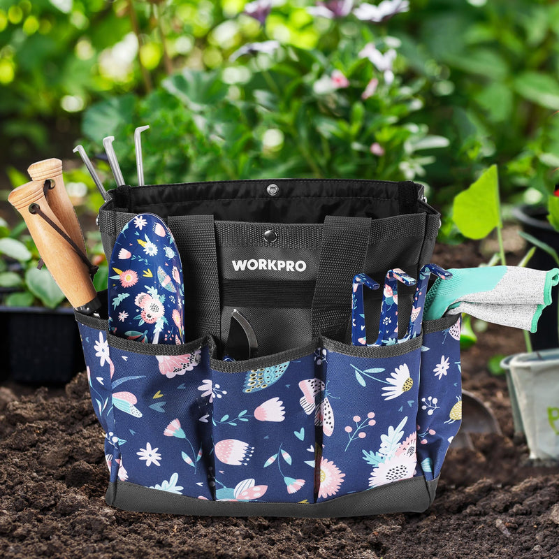 WORKPRO Garden Tool Bag, 9 Pockets Garden Tote Bag, Heavy Duty Oxford Garden Tool Storage Bag, Gardening Tool Kit Holder (Tools NOT Included), 12" x 12" x 6" (Blue Insects) Blue Insects