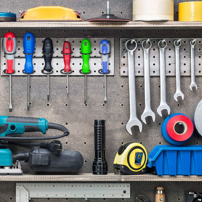 2 Pieces Pegboard Screwdriver Holder Peg Board Tool Utility Hooks Pegboard Accessories Six-Tool Multi-Tool Organizer Racks Holder Accessory Multi-Ring Tool Holder for Pegboard, Pliers (Black) Black