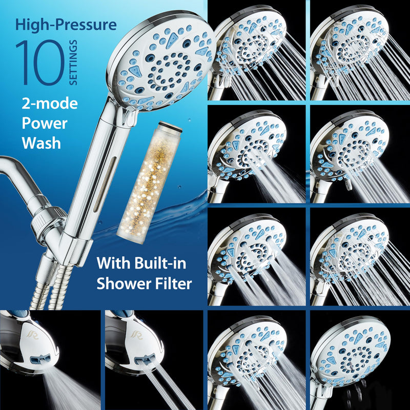 AquaCare High Pressure 10 Spray Mode Filtered Showerhead - Handheld Shower Head Filters Chlorine to Heal Dry Skin, Revive Hair - Dual Power Wash Cleans Tub, Tile, Pets - Hard Water Softener, Chrome Round