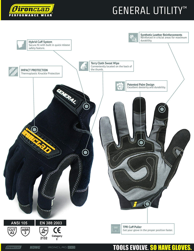Ironclad General Utility Glove,Black Black Large (Pack of 1)