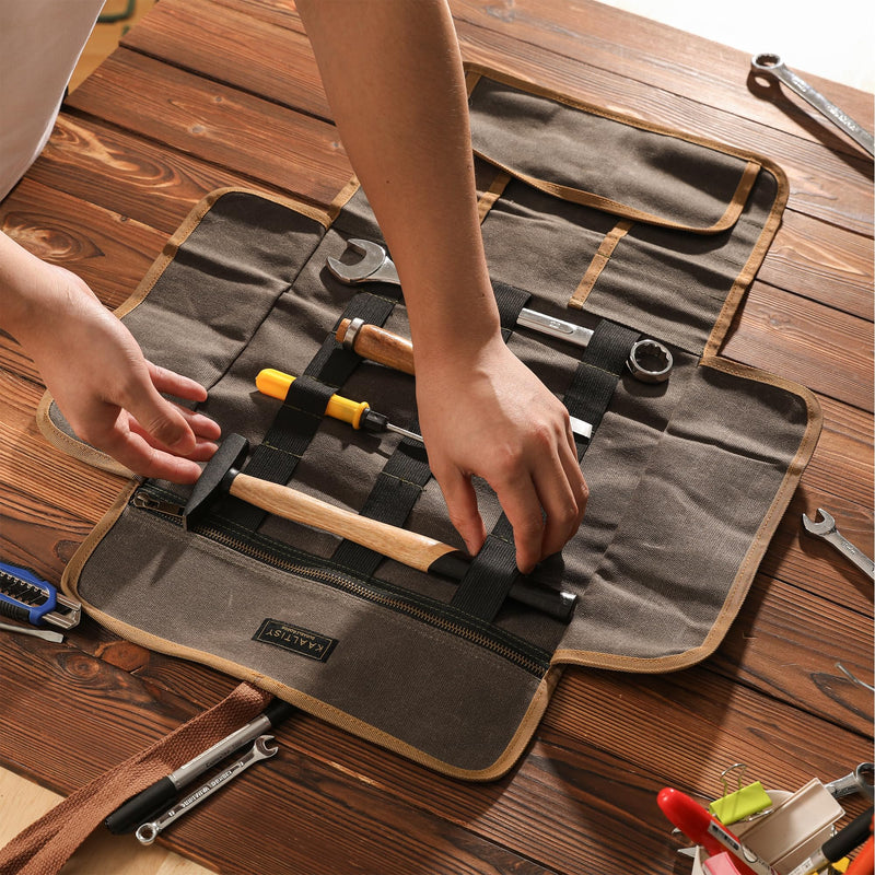 Tool Roll Pouch, Heavy Duty 16OZ Waxed Canvas Tool Bag Roll, Hand Tools Pouch with 1 Zipper Pocket + Elastic Band, Sturdy Tool Storage Roll Bag for Horticulturist Mechanic Handyman - Grey - 24" x 12"