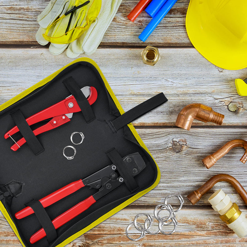 KOTTO Ratchet PEX Crimping Clamp Cinch Tool & Pipe Hose Cutter Meets ASTM 2098 & Stainless Steel Pipe Clamps, Pipe Fitting Tool Kit Sizes 3/8" to 1" - 20 pcs 1/2", 10 pcs 3/4" Clamps With Storage Bag PEX Crimping Tool