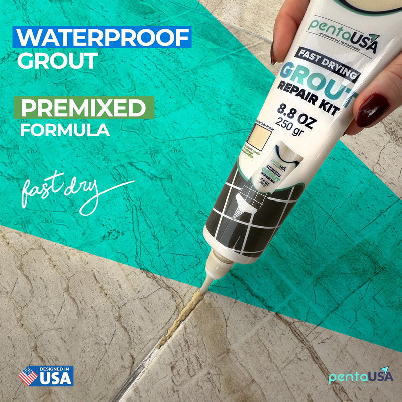PentaUSA Grout - Premixed Grout Repair Set, 8.8 oz, 2 Pack Tile Grout Tubes, Repairs and Renews Tile Grout in Bathroom and Kitchen, Odorless and Safe Formula - 2 Pack (Beige) Beige