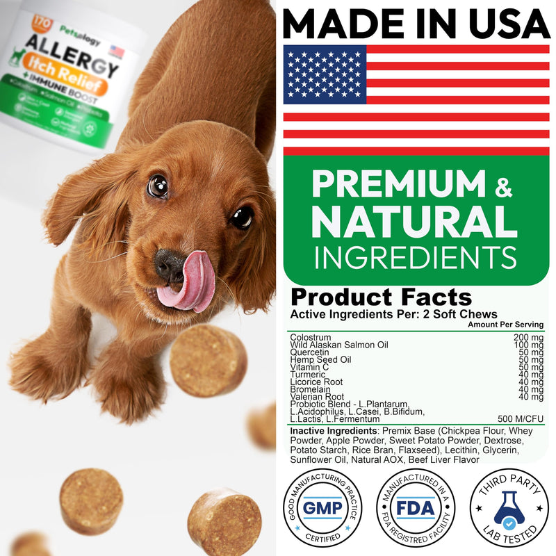 Dog Allergy Relief Chews - 170 Dog Allergy Chews - Itch Relief for Dogs - Omega 3 Fish Oil, Probiotics For Itchy Skin & Hot Spots Allergies, Paw Licking, Dry Skin & Coat Supplement - Beef Liver Flavor 170 Chews Allergy Skin & Coat Chews