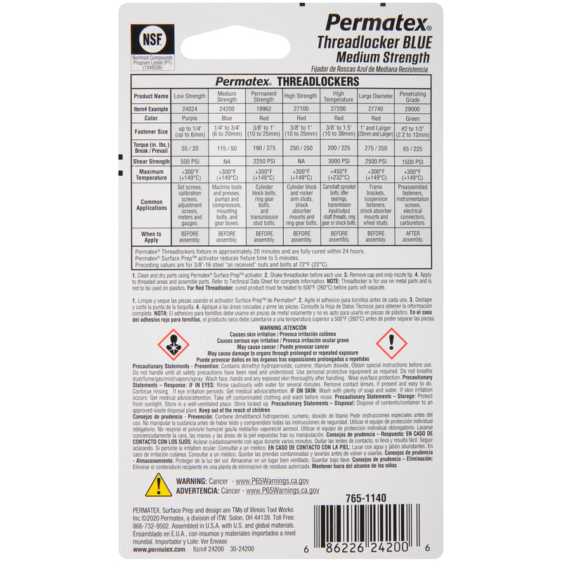 Permatex 24200 Threadlocker Blue Medium Strength,Thread Lock & Screw Glue for Bolts Nuts & Fasteners to Prevent Loosening & Corrosion, Removable with Hand Tools 6 ml