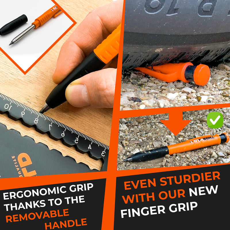THORVALD New 2-in-1 Carpenter Pencils with Finger Grip for Carpenter (Incl. 7 Leads + Sharpener) Solid Mechanical Pencils with Fine Point/Best Marking tools Construction/Carpenters/Scriber Thorvald Carpenter Pencil + 7 Leads