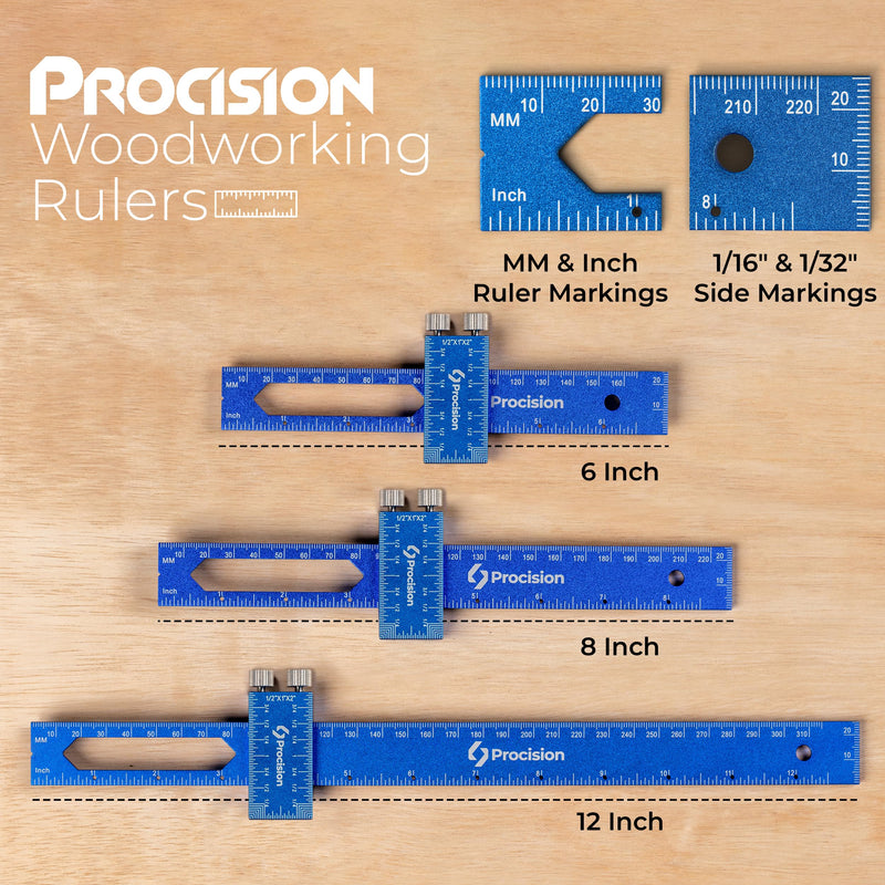 Procision Woodworking Ruler, Set of 3 (12, 8, 6 Inch), Precise Woodworking Pocket Ruler with Extra Wide 2" Sliding Attachment, Slide Rule T-Type Scribing Ruler Square Ruler Plus Mechanical Pencil