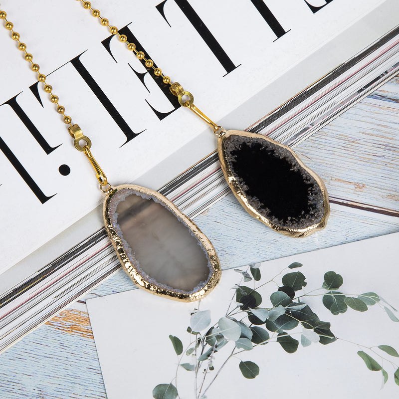 Natural Agate Pull Chains Ceiling Fan Chain Ceiling Light Lamp Fan， Grey And Black With Gilt Edged Agate 12 Inches Fan Pulls Set With Connector