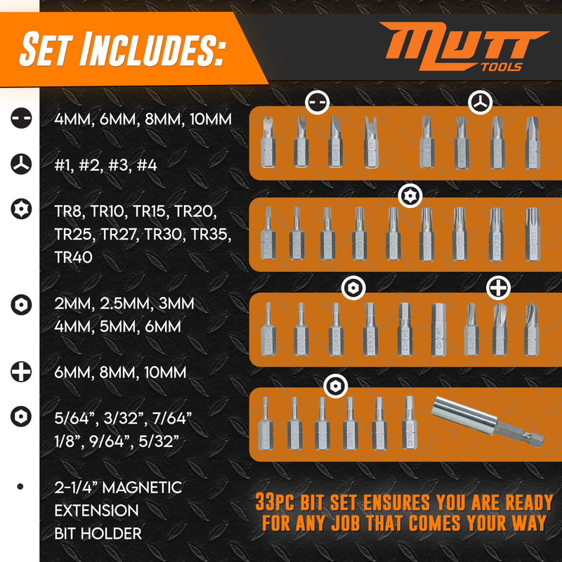 Mutt Tools 33pc Security Bit Set – Includes Security Torx, Metric and SAE Hex, Torq, Spanner Bit Set and Triwing – Tamper Proof Torx and Hex