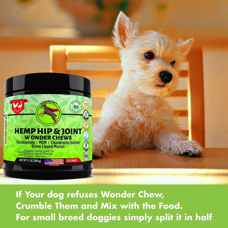 Advanced Hemp Hip and Joint Supplement for Dogs Hemp Oil Glucosamine Chondroitin for Dog Omegas Turmeric MSM Green Lipped Mussel Made in USA Treats Support Mobility 120 Chews