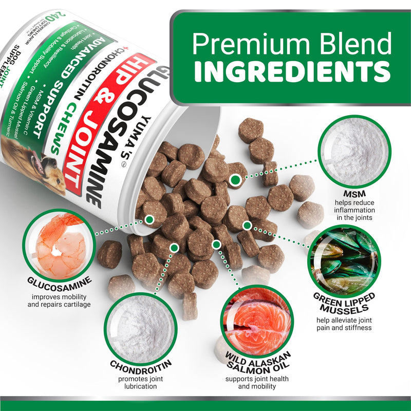 Glucosamine for Dogs - 240 Chews - Hip and Joint Supplement for Dogs - Advanced Glucosamine Chondroitin Treats with MSM - Joint Pain Relief - Large & Small Breed - Mobility Support - Made in USA Glucosamine Chews