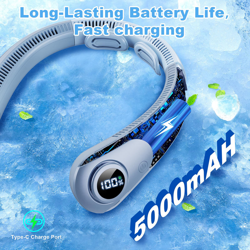 Portable Neck Fan that Blow Cold Air, LED Display, Rechargeable Hands-Free Wearable Cooling Personal Fan, 5 Speed, Neck Support, Bladeless Neck Air Conditioner, Gifts for Women/Men, Hot Flashes Light Blue
