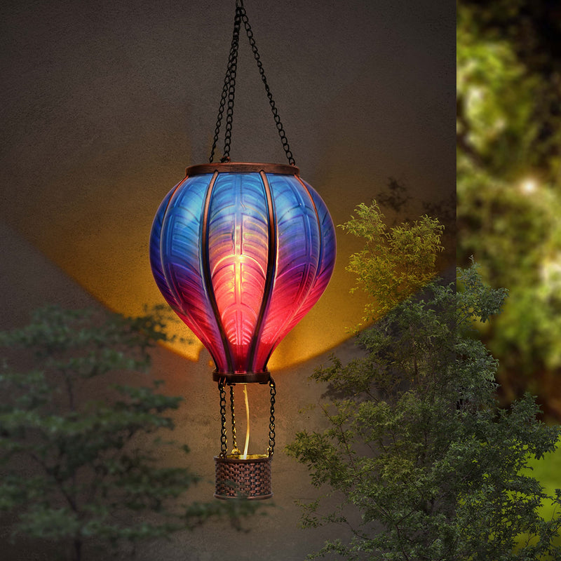 TERESA'S COLLECTIONS Hot Air Balloon Solar Lantern for Garden Decor Halloween Christmas Party,Flickering Flame Hanging Solar Light for Outdoor ,Blue & Purple Plastic Lamp for Yard Tree,Gift for Mom Blue & Purple