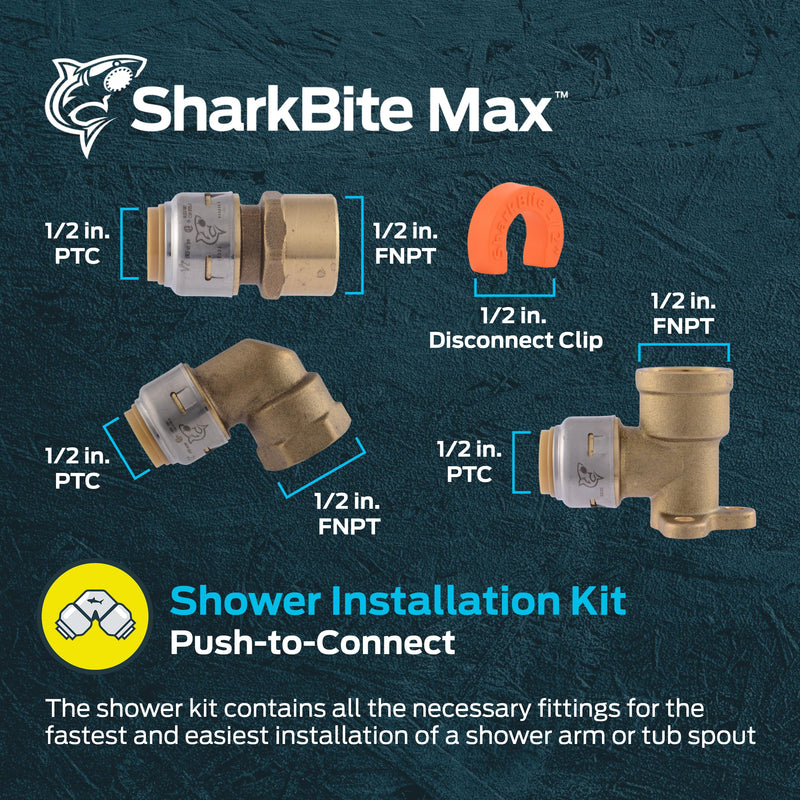 SharkBite Max Shower and Tub Connection Kit, Push to Connect Brass Plumbing Fittings, PEX Pipe, Copper, CPVC, PE-RT, HDPE, UR25567