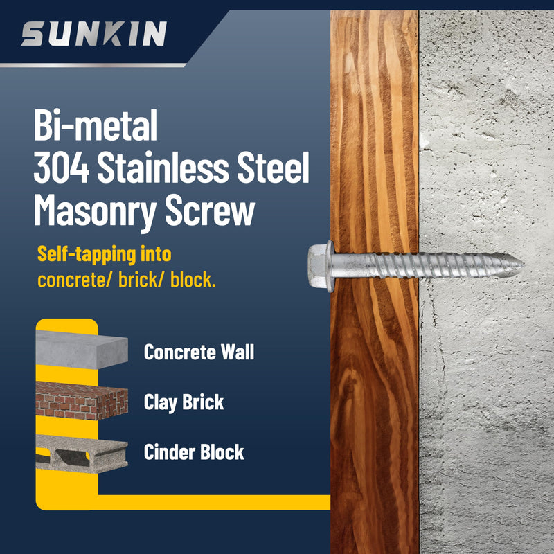 SUNKIN 40PCS Concrete Screws, Bi-Metal Stainless Steel 304, #14 x 2-1/2" Hex Head, Hardened Tip, for Masonry & Concrete, Outstanding Rustproof #14 x 2-1/2 inch