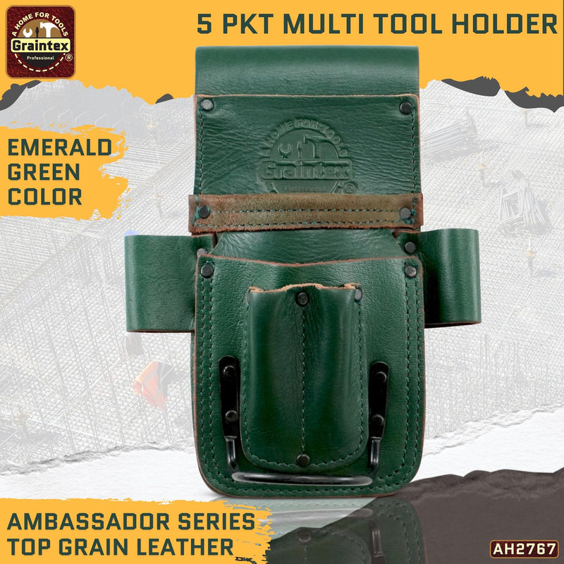 Graintex Ambassador Series 5 Pocket Multi Tool Holder, Top Grain Leather, Small Leather Pouch, Hammer Holder, Multipurpose Tool Belts for Men and Women, Ideal for Carpenters, Framers, Contractors Emerald Green