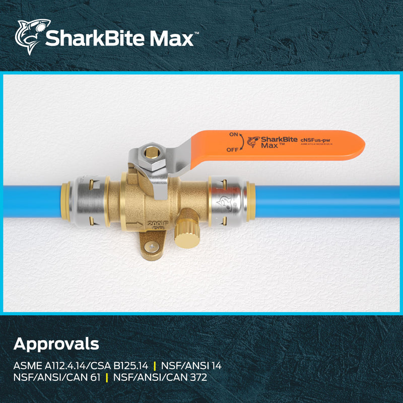 SharkBite Max 1/2 Inch Ball Valve with Drain Vent and Mounting Bracket, Push to Connect Brass Plumbing Fitting, PEX Pipe, Copper, CPVC, PE-RT, HDPE, UR24615A 1/2 in.