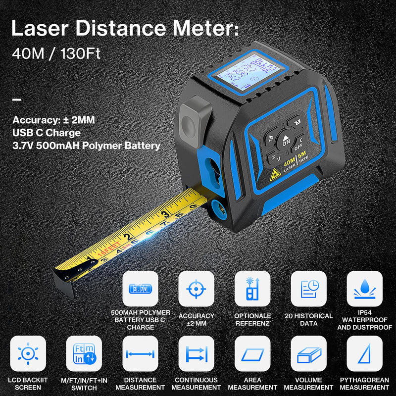 2-in-1 Laser Tape Measure, Lytool 130Ft/40m Laser Measurement Tool, 16Ft/5m Measuring Tape, Digital Laser Tape Measure with M/in/Ft/Ft+in Units, LCD Display, Self-Locking Tape, Belt Clip - NewNest Australia