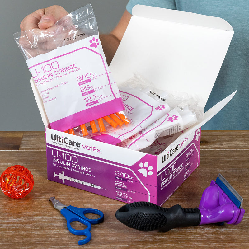 UltiCare VetRx U-100 Pet Insulin Syringes, Comfortable and Accurate Dosing of Insulin for Pets, Compatible with Any U-100 Strength Insulin, Size: 3/10cc, 29G x 1/2’’, 100 ct Box - PawsPlanet Australia