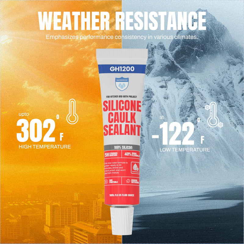 GH1200 18 ML x 8 PCs Silicone Caulk Clear Silicone Sealant Waterproof, Kitchen & Bathroom Caulk - Shrink & Crack Proof - Pocket-Friendly Small Size Indoor & Outdoor Use Silicone Glue - Strong Caulking