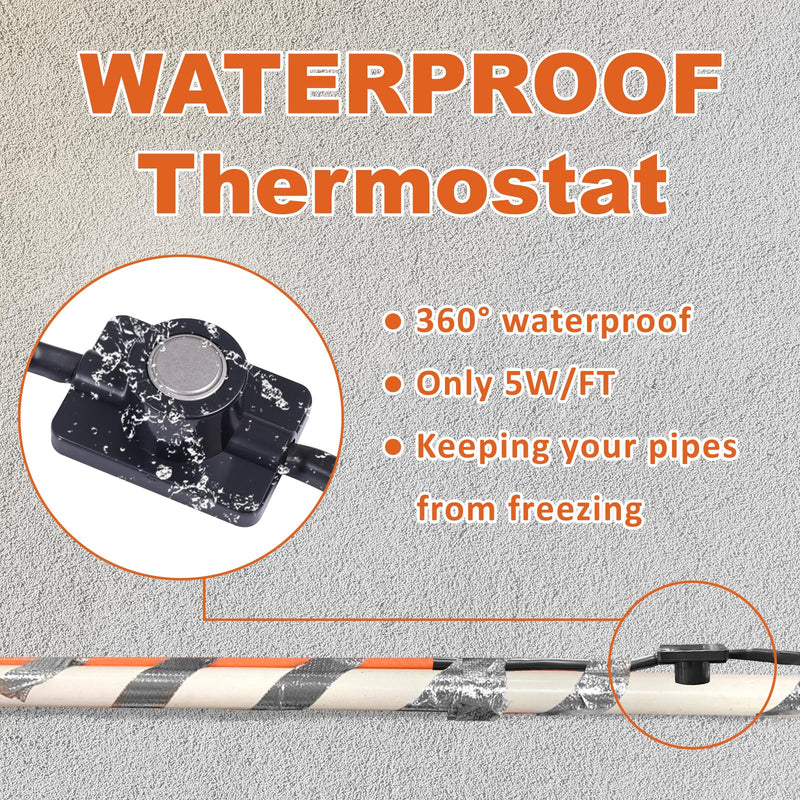 Cupohus Heat Tape for Water Pipes with Thermostat 12FT, Freeze Protection Self-Regulating Heat Trace Cable for Metal, Plastic Home Pipes, Roof and RV