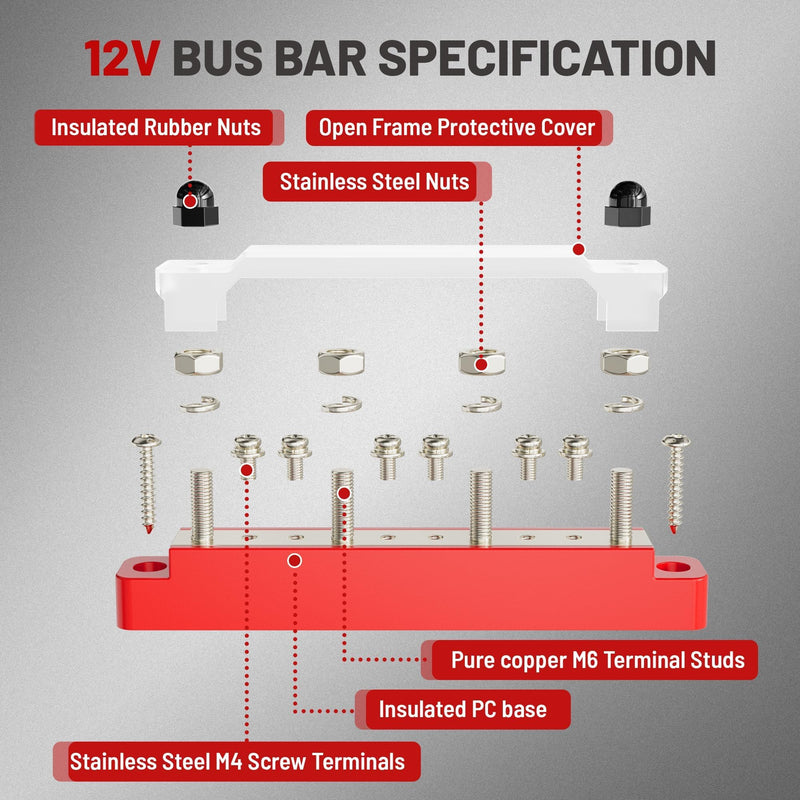 RED WOLF 150A 12V Bus Bar with Cover, 4 x 1/4" (M6) 6 x #8 (M4) Studs Power Distribution Terminal Block 48V DC Car Boat Marine Solar System (Black+Red)