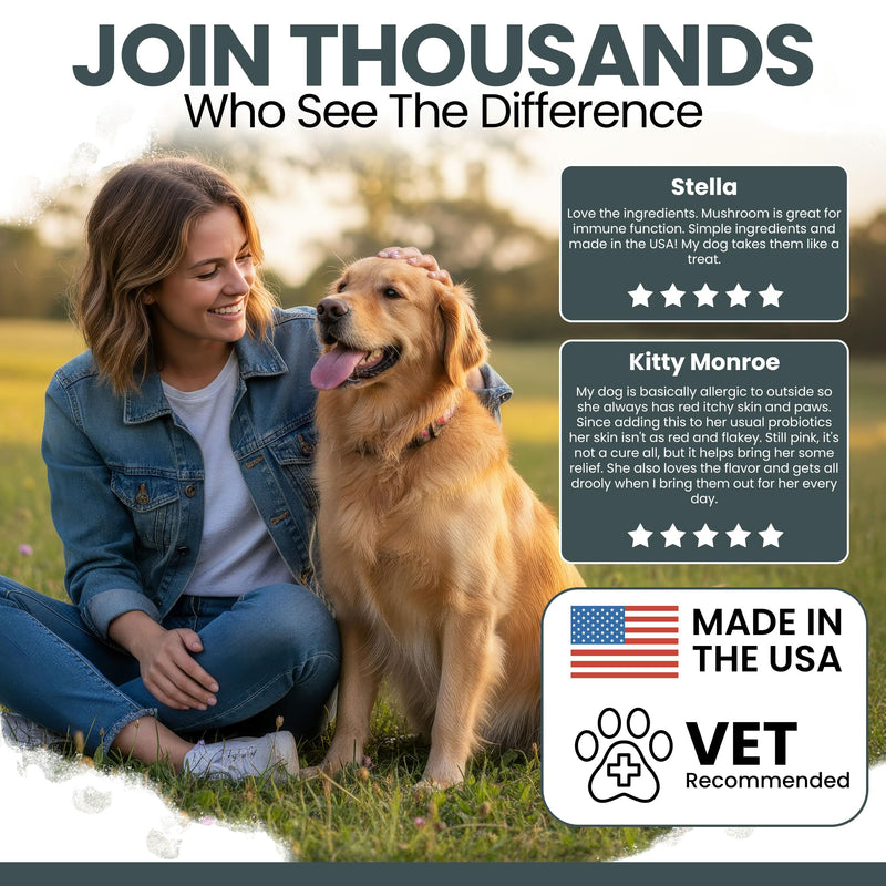 Mushroom Supplement for Dogs with Organic Turkey Tail, Shiitake, Reishi, Colostrum, and Fish Oil - Immune Support Mushroom Complex, 90 Soft Chews - Made in the USA