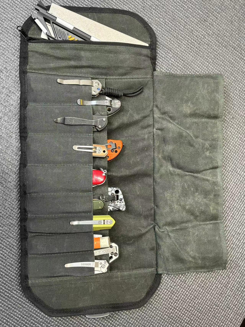 Roaring Fire Pioneer Mini Tool Roll Bag - Waxed Canvas Roll Up Pouch, YKK Zipper, 4 Mesh & 8 Elastic Loops for Wrenches, Survival, EDC - Gift for Dad