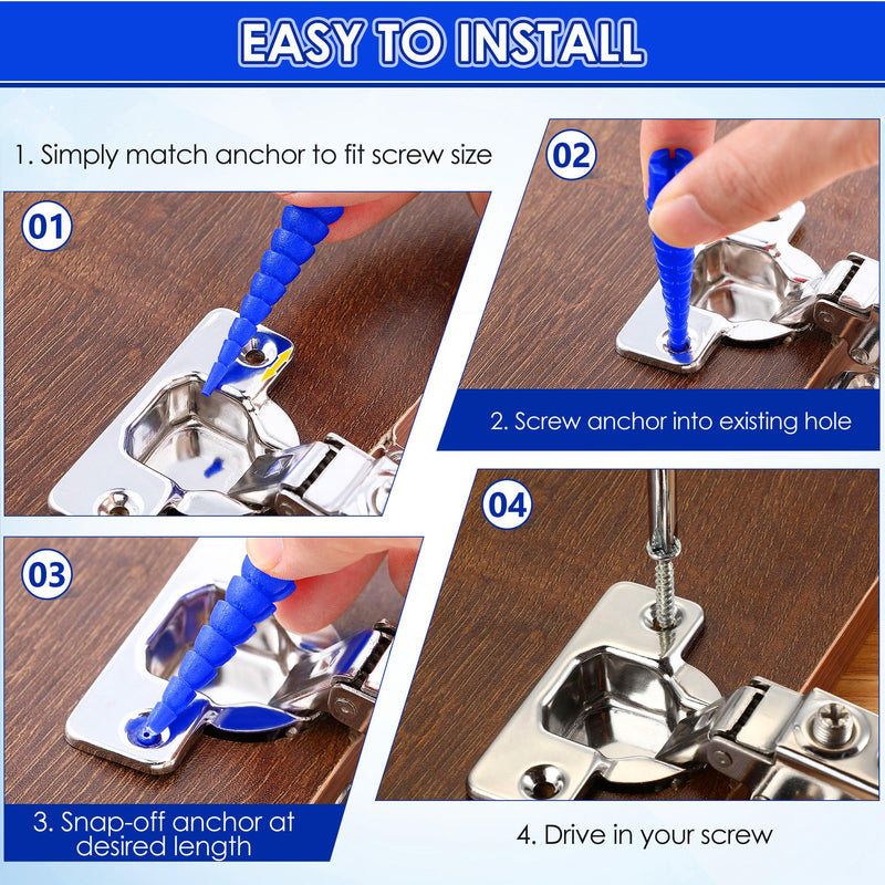10 Pcs Wood Anchor, Stripped Screw Hole Repair Kit for Wood, Door, Fixing Stripped Screw Holes, Fits Wood Screws Sizes #2 to #16, Screw Holes from Stripped to Gripped, Blue