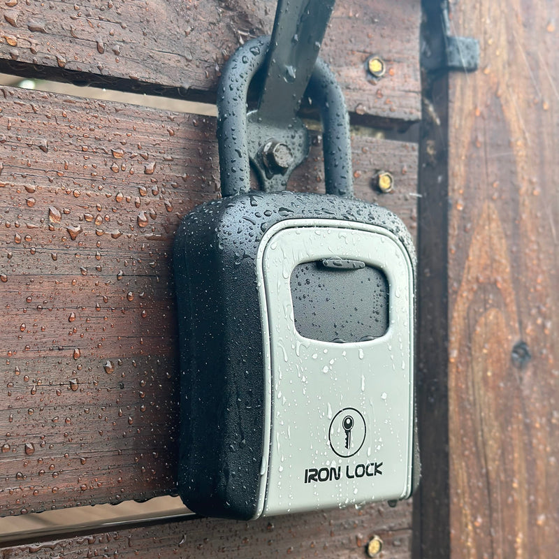 Iron Lock® - Key Lock Box Portable and Wall Mounted with Removable Shackle Indoor Outdoor Waterproof 4 Digit Combination with Resettable Code with A B Switch Key Lockbox for Outside Hold 5 Spare Keys Gray Medium-U
