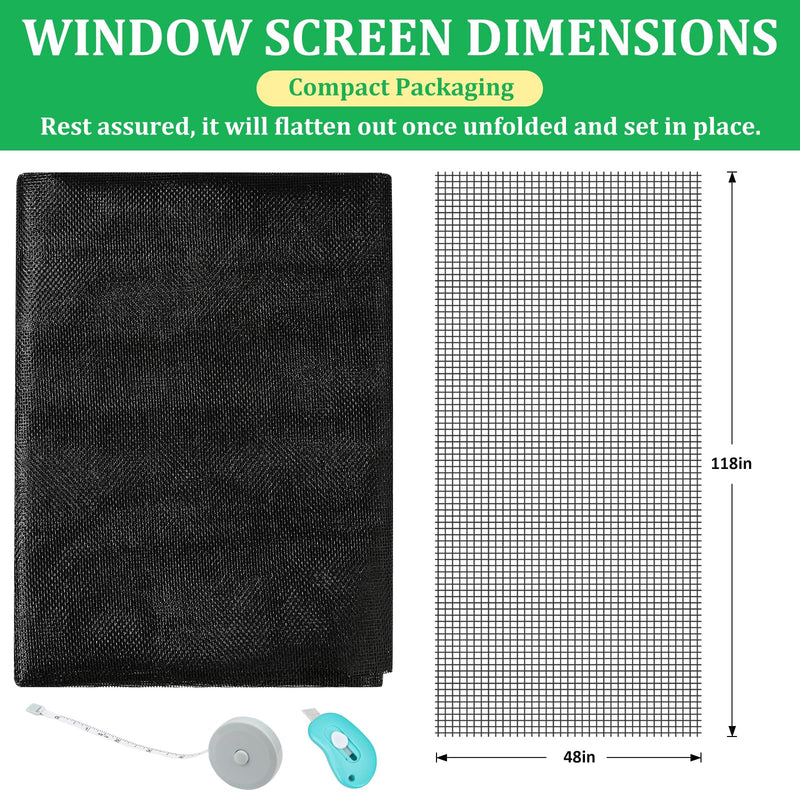 Windows Screen Replacement and Screen Door Repair Kit, 6Pcs Window Screen Fiberglass Mesh Kit - Window Screen & Screen Door Mesh & Screen Porch Repair Kit (Black, 48" x 118") 48" x 118" Black
