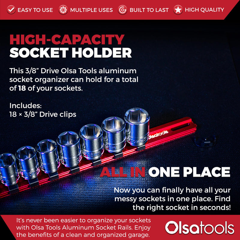Olsa Tools 3/8-Inch Drive Aluminum Socket Organizer with Locking End Caps | Professional Quality Socket Holder (RED) Red