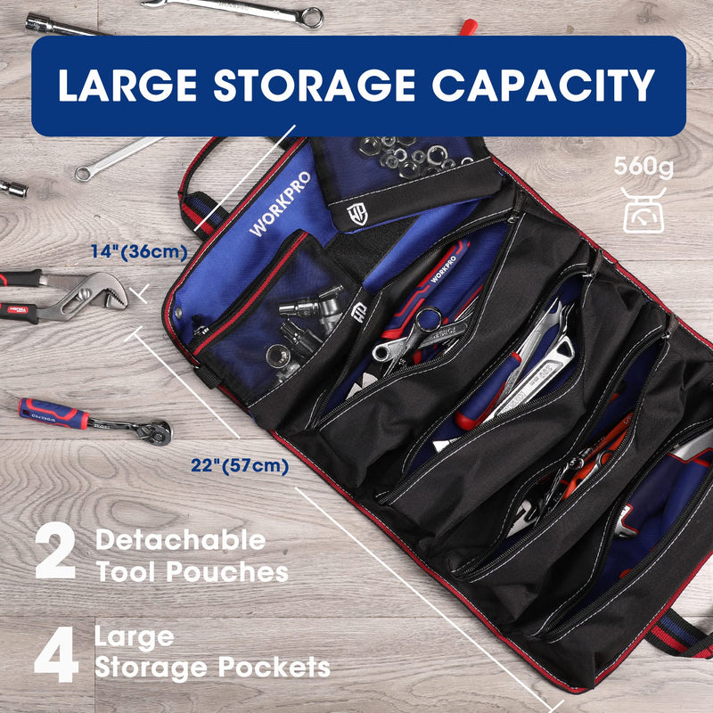WORKPRO Roll Up Tool Bag, Tool Roll Up Bag with Detachable Tool Pouches, Heavy Duty Tool Bag Organizer with 6 Pockets, Tool Roll Organizer for Mechanic, Electrician, Plumber and Carpenter Black
