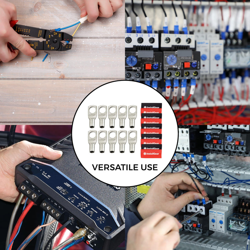 InstallGear 10 Gauge AWG Tinned Pure Copper Lugs Ring Terminals Connectors with Heat Shrink - 10-Pack | Electrical Connectors, Heat Shrink Wire Connectors for 10 Gauge Wire 10 AWG - 1/4" Ring