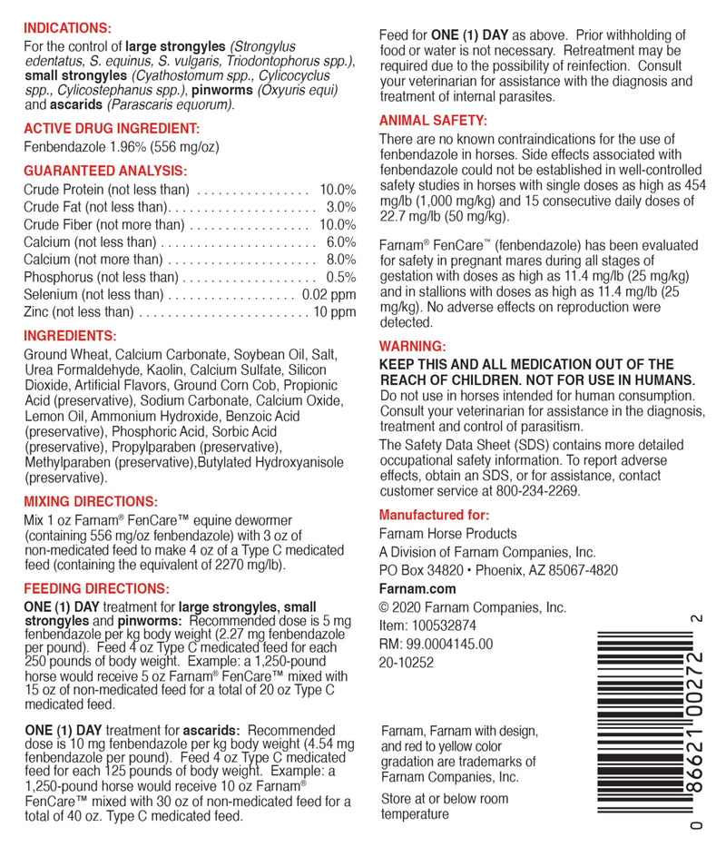 Farnam FenCare Safe-Guard (fenbendazole) 1.96% Type B Medicated Feed Equine Dewormer 5 Ounces