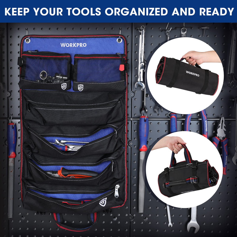 WORKPRO Roll Up Tool Bag, Tool Roll Up Bag with Detachable Tool Pouches, Heavy Duty Tool Bag Organizer with 6 Pockets, Tool Roll Organizer for Mechanic, Electrician, Plumber and Carpenter Black