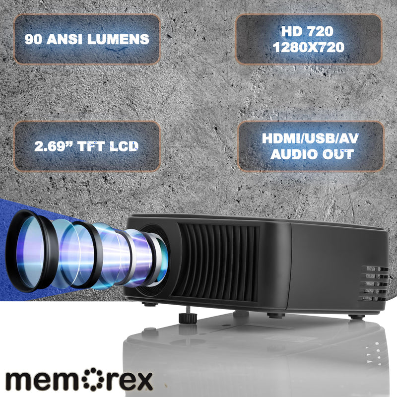 Memorex MX-PJS100 | Bluetooth Projector with 100” Screen | HDMI/USB/AV Inputs | 90 ANSI Lumens, Built-In Speaker, and Wireless Audio Streaming