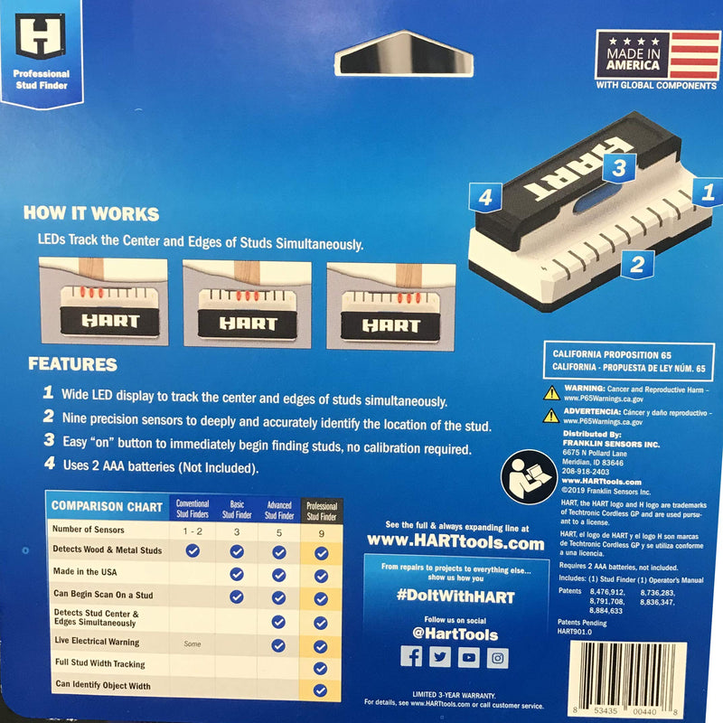 HART PROFESSIONAL STUD FINDER | CENTER & EDGE FINDER | 5" LED DISPLAY • 9-SENSORS • 1.5" DETECTION DEPTH | WOOD & METAL STUDS
