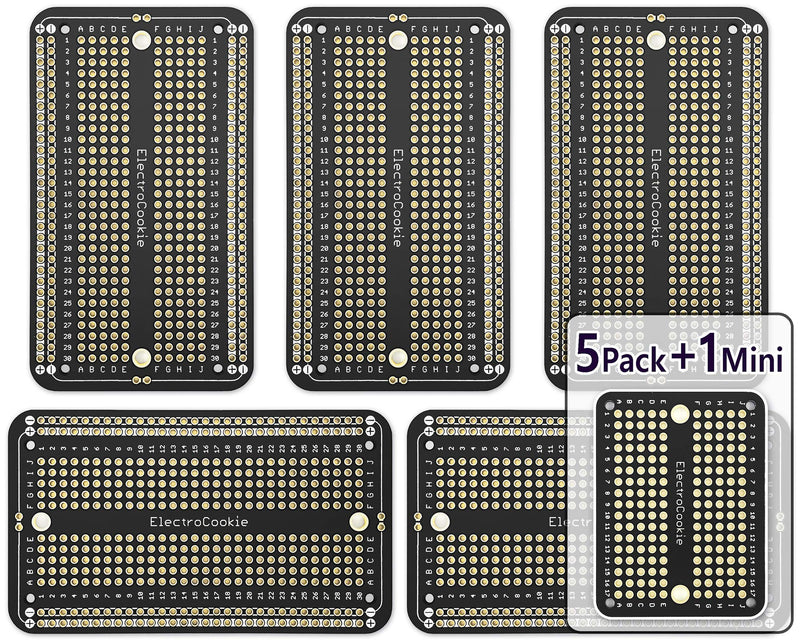 ElectroCookie Prototype PCB Solderable Breadboard for Electronics Projects Compatible for DIY Arduino Soldering Projects, Gold-Plated (5 Pack + 1 Mini Board, Matte Black) 2.Black