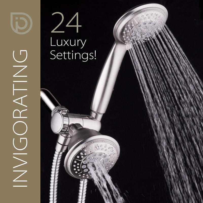 1733 Handheld Showerhead & Rain Shower Combo. High Pressure 24 Function 4" Face Dual 2 in 1 Shower Head System with Stainless Steel Hose, Patented 3-way Water Diverter in Nickel Finish 2.5 Gallon Per Minute Brushed Nickel