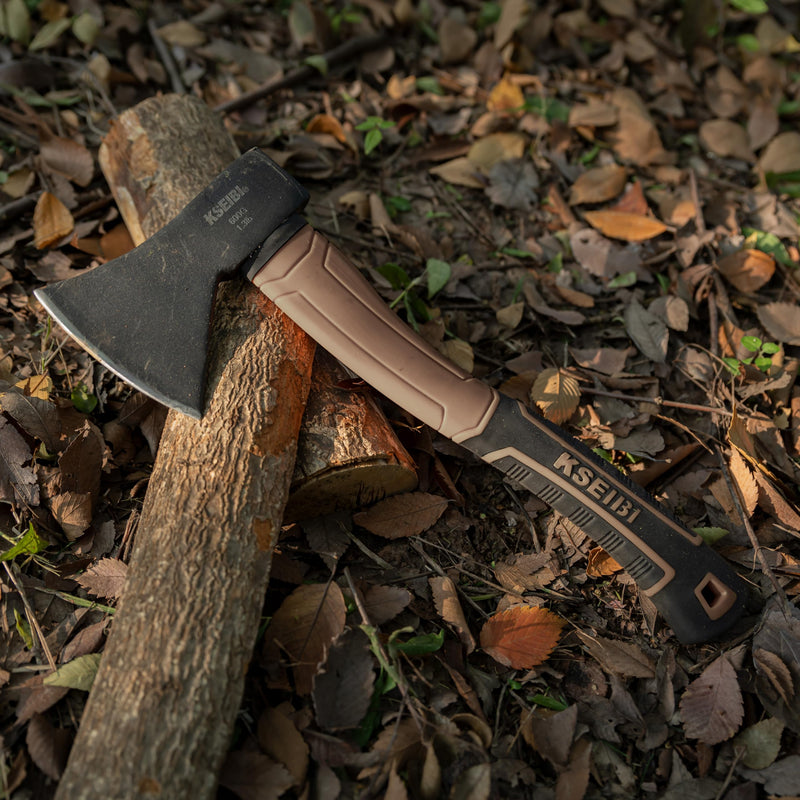 KSEIBI Outdoor Camping Hatchet with Sheath for Splitting and Kindling Wood, Forged Steel Blade with Anti-Slip and Shock Reduction Handle Great Throwing Axes and Hatchets (Tuscan Brown) Tuscan Brown