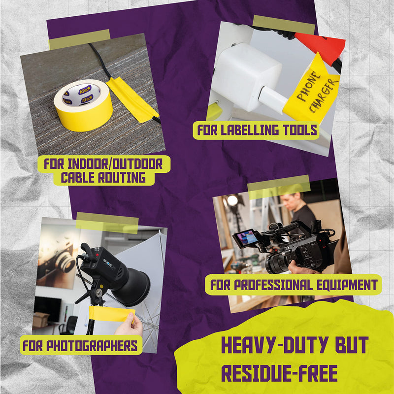 ATack Gaffer Tape, 2-Inch x 30-Yards, Yellow Premium Grade and Easy Tear Matte Yellow Gaff Main Stage Tape for Photographers, Interior Designers and Professionals